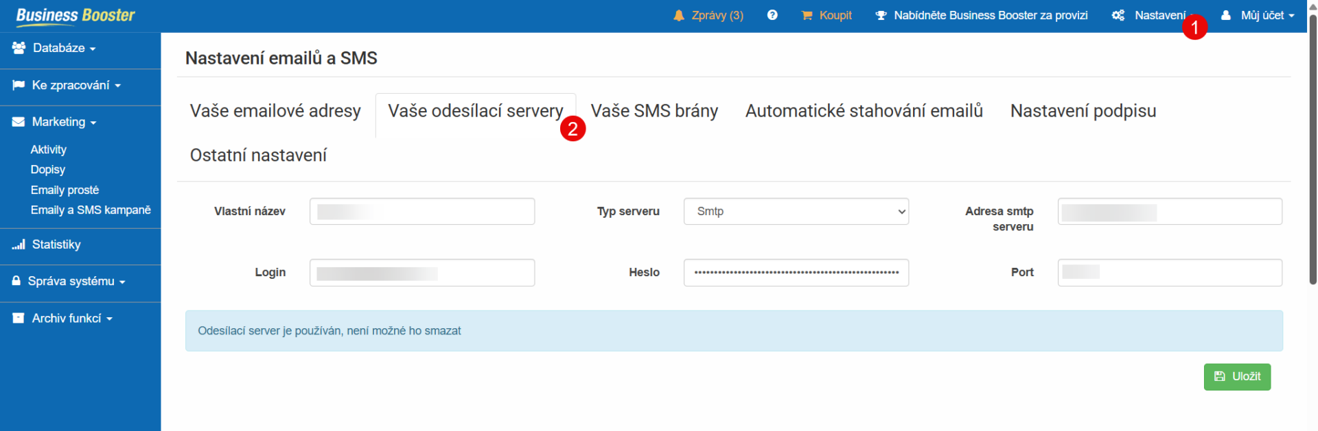 Nastavení SMTP pro odesílání e-mailů v CRM systému Business Booster