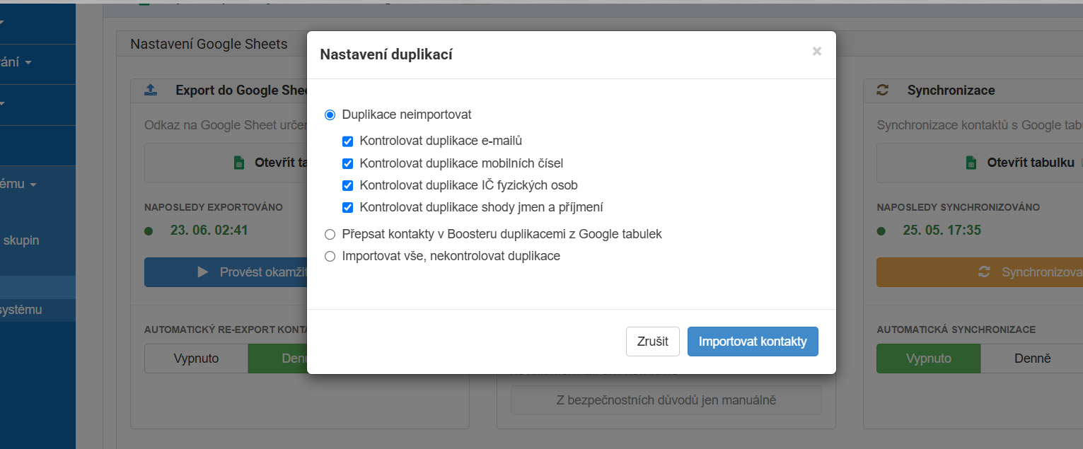 kontrola duplicit při importu z Google tabulek