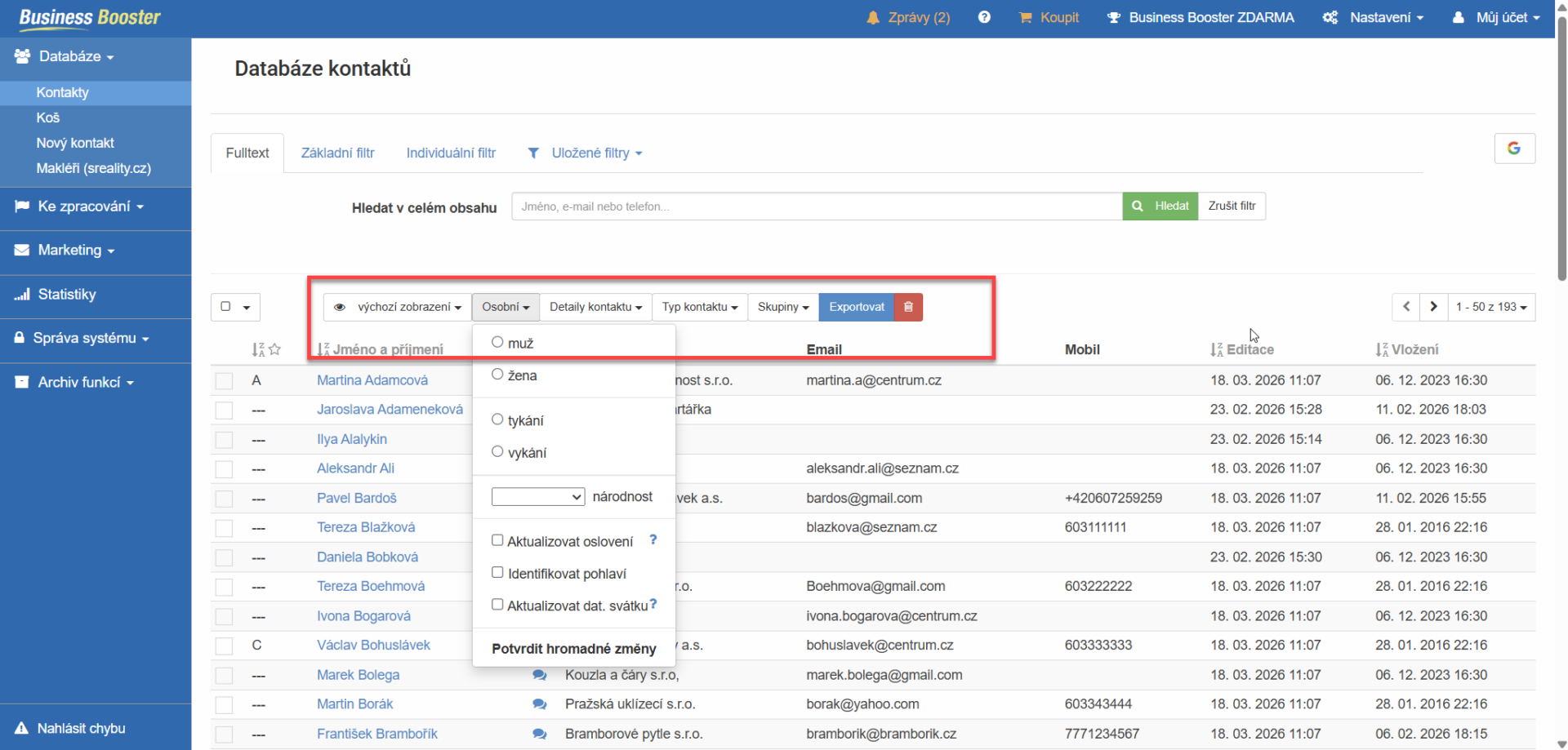 Business Booster: Panel pro hromadné úpravy kontaktů