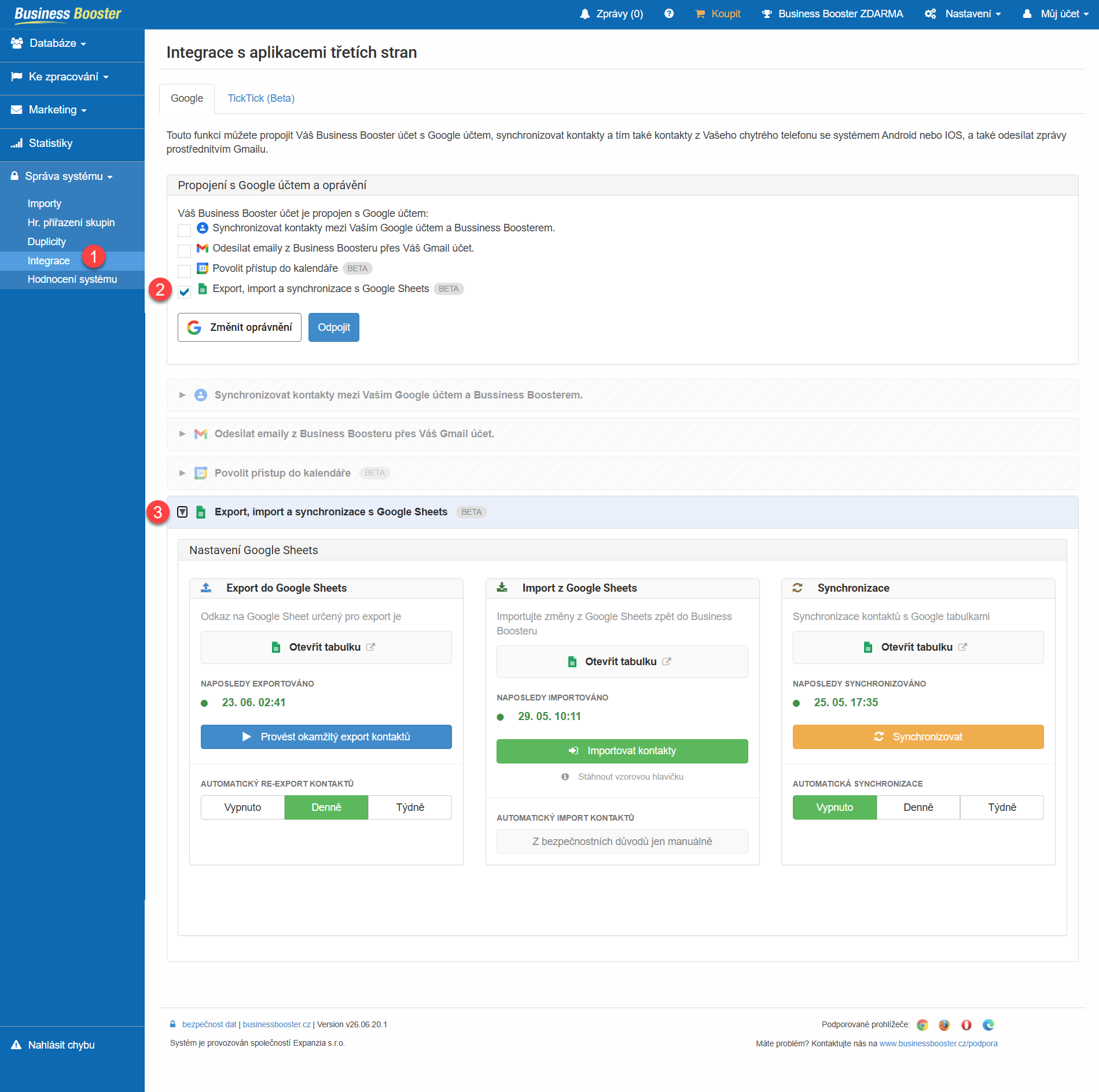 export, import, synchronizace Google tabulky